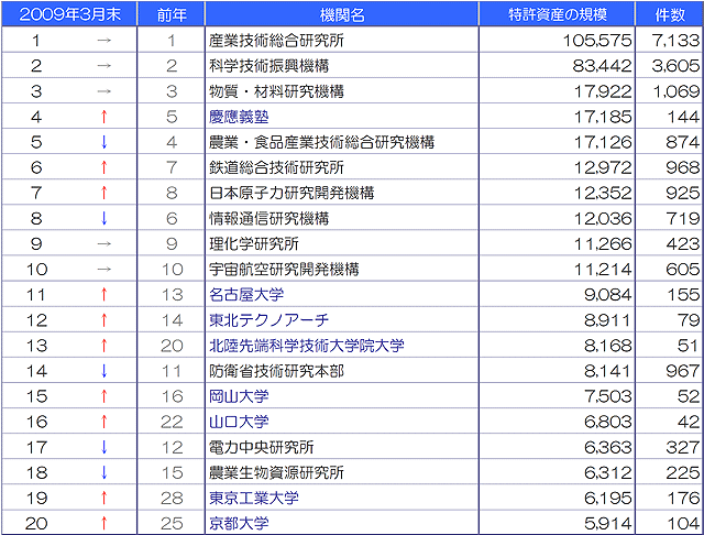 大学・研究機関 特許資産の規模ランキング